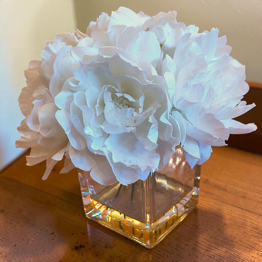Artificial White Peony Floral Arrangement in Square Glass Vase with Faux Water